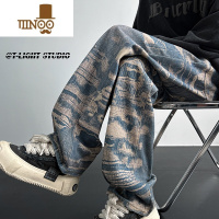 YANXU牛仔裤男秋季美式高街vibe潮牌痞帅满印水洗宽松直筒阔腿休闲长裤