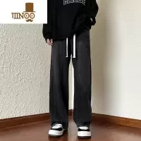 YANXU春季青少年复古做旧抽绳牛仔裤男bf宽松直筒阔腿港风百搭拖地长裤