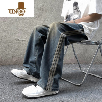 YANXU美式高街三杆牛仔裤男街头复古潮牌水洗做旧痞帅宽松直筒阔腿长裤