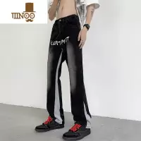 YANXU美式vibe牛仔裤男夏季高街潮牌水洗刺绣裤子痞帅宽松直筒微喇长裤