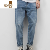 YANXU蓝色宽松直筒男士2023新款薄款破洞九分裤潮牌工装休闲裤子