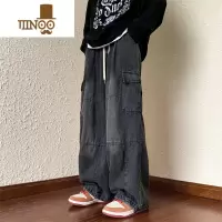 YANXU潮牌嘻哈水洗牛仔裤男夏季美式复古宽松直筒阔腿ins痞帅工装长裤
