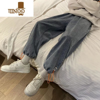 YANXU抽绳束脚九分牛仔裤男秋季复古潮流休闲百搭潮牌痞帅宽松学生裤子