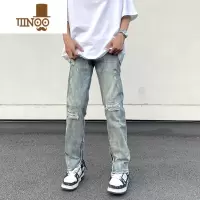 YANXU非潮勿近高街美式潮牌复古水洗破洞牛仔裤男宽松直筒vibe拉链裤子