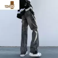YANXU美式高街拉链开叉牛仔裤男款夏季潮牌直筒宽松微喇毛边阔腿长裤子