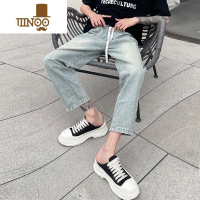 YANXU美式复古高街水洗做旧黄泥染蓝色直筒牛仔裤男士潮牌休闲百搭裤子