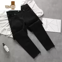 YANXU简约毛边黑色牛仔裤男潮流男装韩版弹力休闲修身小脚九分裤子