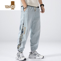 YANXU牛仔裤男复古拼接小熊设计感高街夏季工装裤子潮牌薄款九分束脚裤