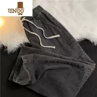 YANXU复古水洗松紧腰抽绳工装牛仔裤男士韩版宽松ins潮痞帅直筒休闲裤