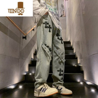 YANXU美式潮牌牛仔裤男高街痞帅水洗绑带休闲裤vibe复古阔腿长裤