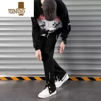 YANXU黑色高街裤子男款ins潮嘻哈修身拉链开叉排扣牛仔潮牌休闲直筒裤