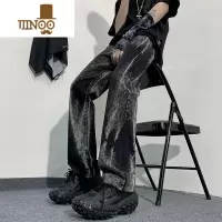 YANXU扎染毛边牛仔裤男直筒做旧水洗日系复古休闲痞帅百搭高街裤子