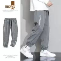 YANXU裤子男夏季薄款冰丝束脚裤宽松潮牌刺绣工装运动休闲裤男装九分裤