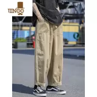 YANXU日系卡其色工装裤男新款夏季薄款宽松直筒阔腿休闲港风潮牌长裤子