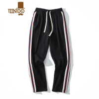 YANXU国潮牌侧边条纹针织带拼接运动休闲裤子男女直筒卫裤宽松情侣长裤