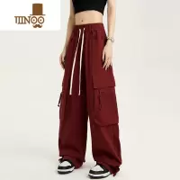 YANXU美式复古红色工装裤男女高街hiphop街舞裤直筒宽松阔腿休闲长裤子