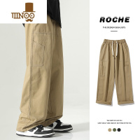 YANXU日系直筒工装裤子男款秋季高街宽松潮牌阔腿裤卡其色休闲长裤男士