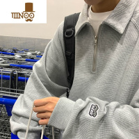 YANXU日系华夫格卫衣男美式复古Polo衫翻领刺绣半拉链外套oversize