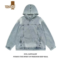 YANXU美式街头小众设计感水洗连帽牛仔卫衣男大码宽松高街情侣外套ins
