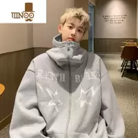 YANXU美式复古街头小众字母连帽卫衣男秋季星星绣花宽松设计感高领外套