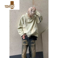 YANXU美式高街复古水洗做旧黄泥拉链牛仔连帽外套男女潮牌宽松套头卫衣