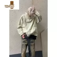 YANXU美式高街复古水洗做旧黄泥拉链牛仔连帽外套男女潮牌宽松套头卫衣