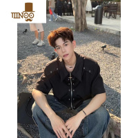 YANXU美式高街小众金属解构设计感衬衫痞帅男宽松拉链短袖衬衣潮牌