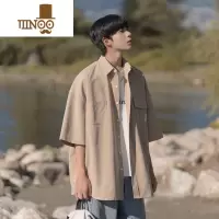 YANXU卡其色短袖衬衫男夏天薄款港风潮牌cityboy日系小众慵懒半袖外套