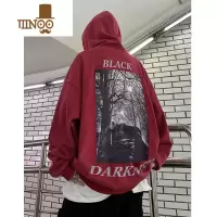 YANXU美式红色印花连帽卫衣男款休闲宽松百搭外套圆领套头上衣