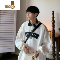 YANXU灰色圆领卫衣男秋季日系宽松大码字母休闲套头美式情侣打底衫