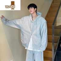 YANXU双拉链600g硬挺开衫卫衣男潮连帽花灰色感秋cleanfit外套