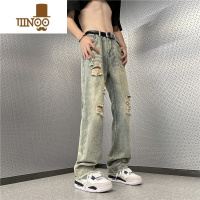 YANXU美式vibe风裤子高街潮牌黄泥染水洗破洞牛仔裤男复古街头阔腿长裤