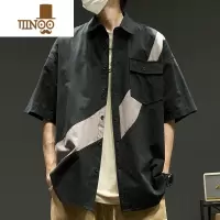 YANXU短袖衬衫男款夏季日系港风复古衬衣潮牌男生翻领拼色工装外套衣服