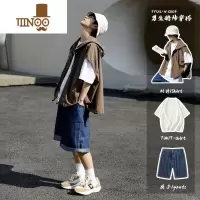 YANXU棕咖色连帽短袖衬衫马甲男款夏季港风男装三件套酷帅穿搭高街外套