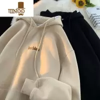 YANXU美式复古卫衣男秋季青少年字母刺绣套头上衣潮牌宽松休闲连帽外套