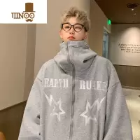 YANXU高领开衫卫衣男美式街头星星刺绣潮牌宽松休闲运动外套