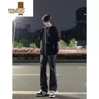 YANXU黑色破洞牛仔裤夏季薄款男工装显腿长裤子高街美式vibe直筒微喇裤