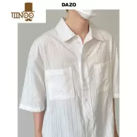 YANXUDAZO 大口袋短袖衬衫男宽松翻领条纹衬衣休闲百搭韩版潮流夏季