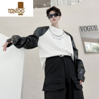 YANXU秋季痞帅撞色拼皮袖感长袖T恤男小众潮流挂链设计感卫衣网红