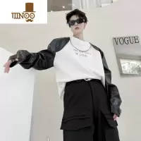YANXU秋季痞帅撞色拼皮袖感长袖T恤男小众潮流挂链设计感卫衣网红