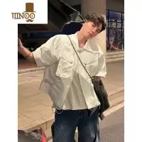 YANXU小众金属拉链工装风短袖衬衫男生夏季宽松感设计痞帅垫肩衬衣