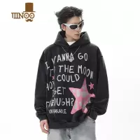 YANXU美式hiphop水洗宽松连帽卫衣男秋季2023新款复古字母印花情侣帽衫