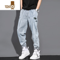 YANXU夏季薄款牛仔裤男士直筒宽松潮牌阔腿休闲哈伦浅色工装束脚长裤子