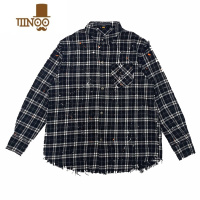 YANXU国潮复古喷墨印花破坏毛边格子长袖衬衫男 日系小众潮牌宽松外套