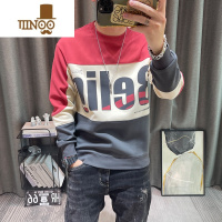 YANXU圆领卫衣男2023新款字母印花拼色长袖内搭青年打底衫无帽外套