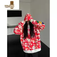 YANXUBKCC美式街头满印迷彩外套猫咪印花连帽卫衣男女款情侣百搭潮