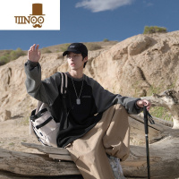 YANXU秋季新款男卫衣380g华夫格圆领字母刺绣拼色学生上衣潮