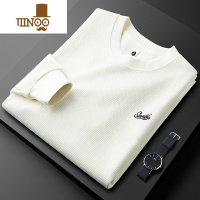 YANXU轻奢秋季薄款华夫格白色圆领卫衣男长袖修身刺绣外穿休闲t恤男