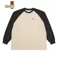 YANXU春季日系潮牌卫衣插肩拼接刺绣圆领华夫格长袖男T恤宽松