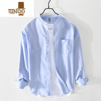 YANXU日系立领牛津纺长袖衬衫男宽松休闲衬衣外套白色寸上衣